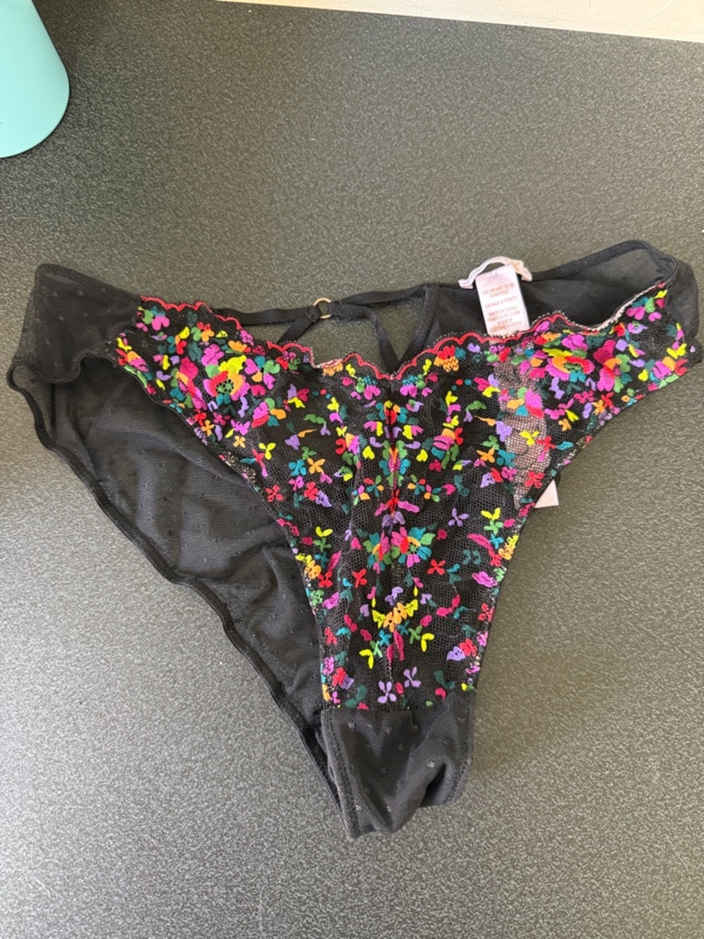 Savage X Fenty Black underwear with Bright Floral Embroidery